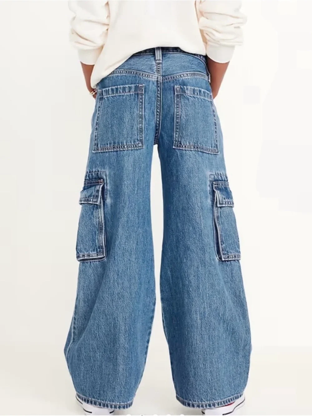Old Navy High Rise Super Baggy Wide Leg Cargo Blue Denim Jeans Girls Size 16